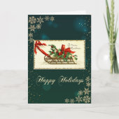 ヴィンテージクリスマスそり、スノーフレークグリーン シーズンカード (正面)