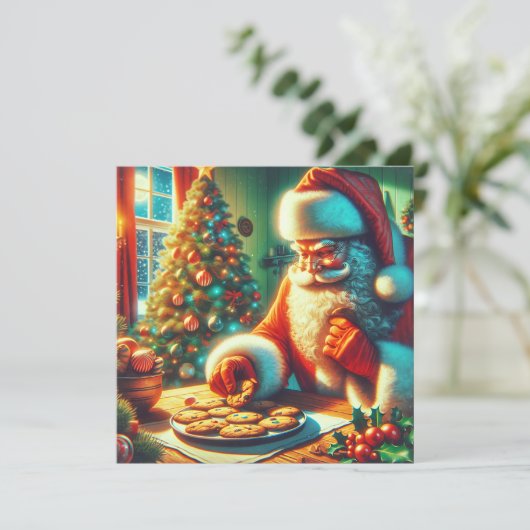 ヴィンテージクリスマスのサンタがクッキーを食べる シーズンカード (スタンド正面)