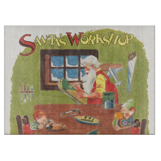 ヴィンテージクリスマスのサンタとエルフのワークショップ カッティングボード (正面)