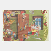 ヴィンテージクリスマスのサンタとエルフのワークショップ キッチンタオル (横)