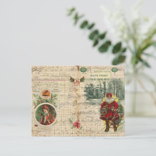 ヴィンテージクリスマスのサンタとミュージカルノーツ シーズンポストカード (スタンド正面)