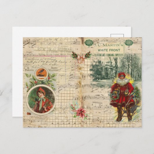 ヴィンテージクリスマスのサンタとミュージカルノーツ シーズンポストカード (正面/裏面)