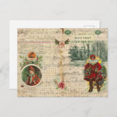 ヴィンテージクリスマスのサンタと音符 シーズンポストカード (正面/裏面)