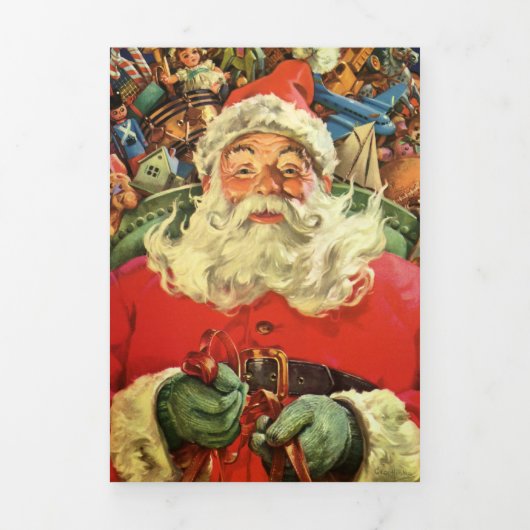 ヴィンテージクリスマスのサンタクロースが玩具を積んだスレー 三つ折りクリスマスカード (カバー)