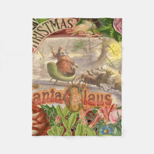 ヴィンテージクリスマスのサンタクロースが飛ぶソリ フリースブランケット (正面)