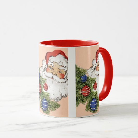 ヴィンテージクリスマスのサンタクロースとツリーオーナメント マグカップ (正面右)
