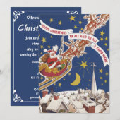 ヴィンテージクリスマスのサンタクロースと空飛ぶトナカイ 招待状 (正面/裏面)