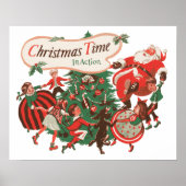 ヴィンテージクリスマスのサンタクロースと踊る子供たち ポスター (正面)