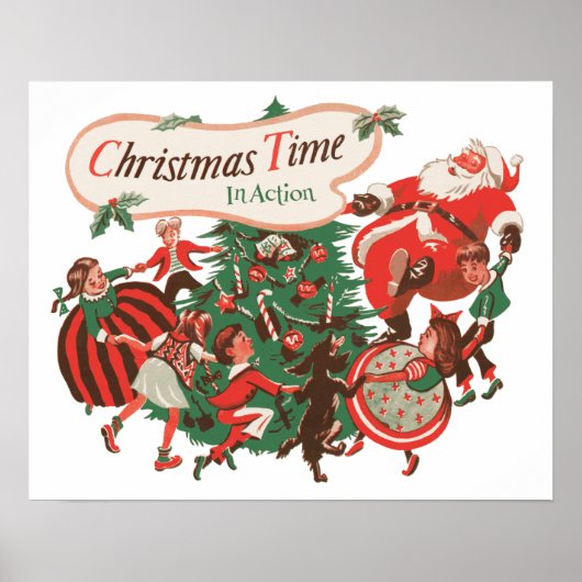 ヴィンテージクリスマスのサンタクロースと踊る子供たち ポスター (正面)