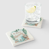 ヴィンテージクリスマスのサンタクロースの陽気な挨拶 ストーンコースター (横)