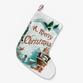ヴィンテージクリスマスのサンタクロースの陽気な挨拶 スモールクリスマスストッキング (正面 (吊り時))