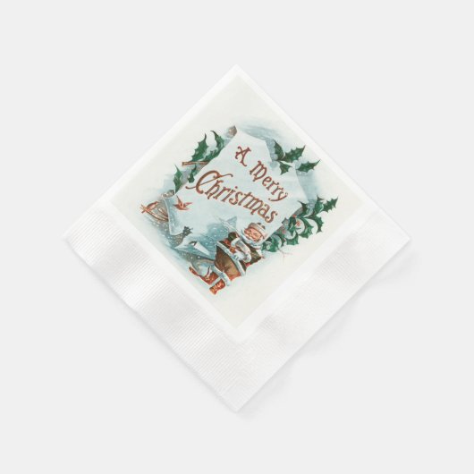 ヴィンテージクリスマスのサンタクロースの陽気な挨拶 縁ありカクテルナプキン (角)