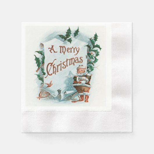 ヴィンテージクリスマスのサンタクロースの陽気な挨拶 縁ありカクテルナプキン (正面)