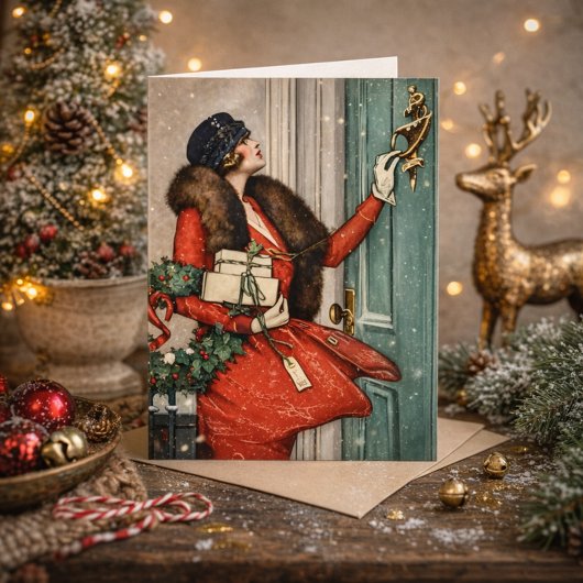 ヴィンテージクリスマスのドアステップイラスト カード