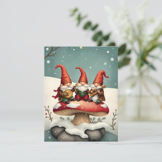 ヴィンテージクリスマスのノームがキノコの上で音楽を演奏 シーズンカード (スタンド正面)