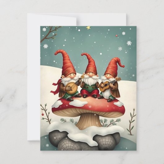ヴィンテージクリスマスのノームがキノコの上で音楽を演奏 シーズンカード (正面)