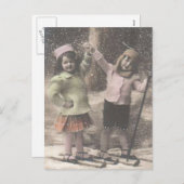 ヴィンテージクリスマスのポストカード – スキーの子供 シーズンポストカード (正面/裏面)