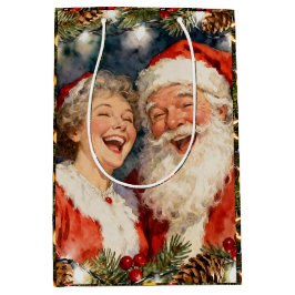 ヴィンテージクリスマスの可愛いサンタと奥さん ミディアムペーパーバッグ