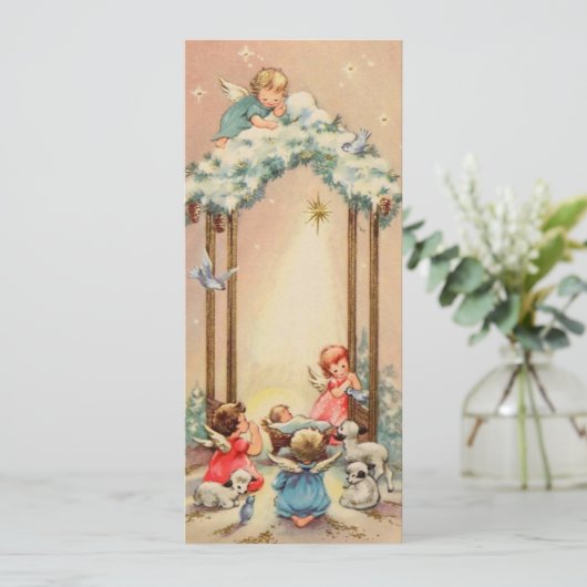 ヴィンテージクリスマスの天使が赤ちゃんイエスを見守る シーズンカード (スタンド正面)