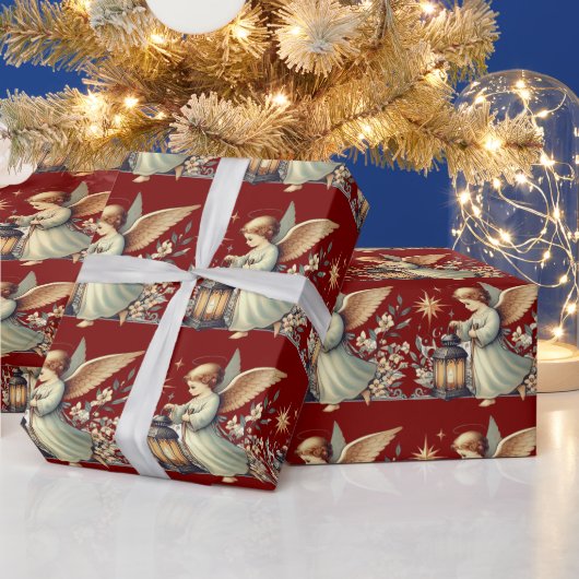 ヴィンテージクリスマスの天使とランタン ラッピングペーパー (クリスマス)