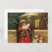 ヴィンテージクリスマスの女の子と犬 シーズンポストカード (正面/裏面)