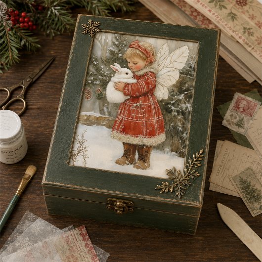 ヴィンテージクリスマスの妖精とふわふわ赤コートのウサギ 薄葉紙
