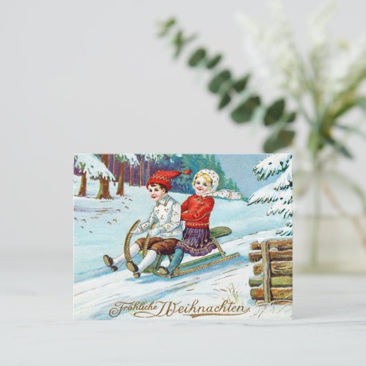 ヴィンテージクリスマスの子供そり ポストカード (スタンド正面)