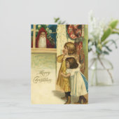 ヴィンテージクリスマスの子供たちがサンタクロースを見る シーズンカード (スタンド正面)