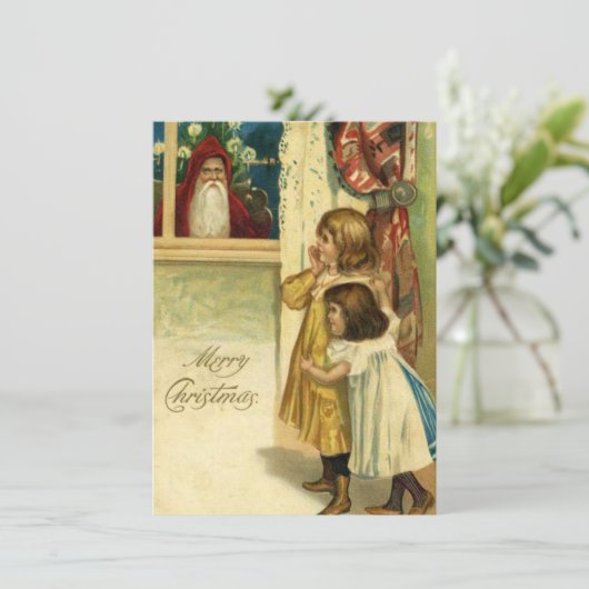 ヴィンテージクリスマスの子供たちがサンタクロースを見る シーズンカード (スタンド正面)