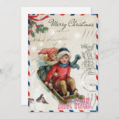 ヴィンテージクリスマスの子供たちが馬ぞり シーズンカード (正面/裏面)