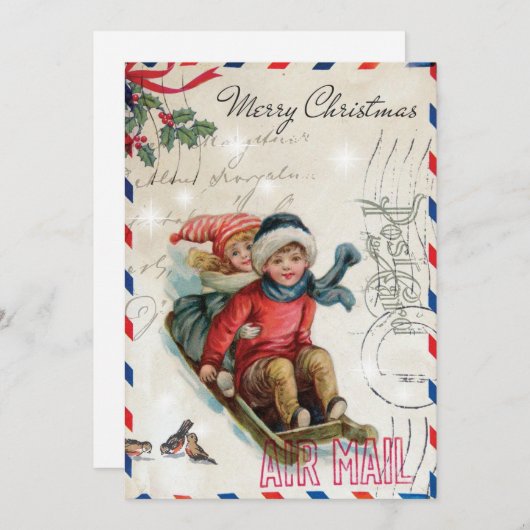 ヴィンテージクリスマスの子供たちが馬ぞり シーズンカード (正面/裏面)