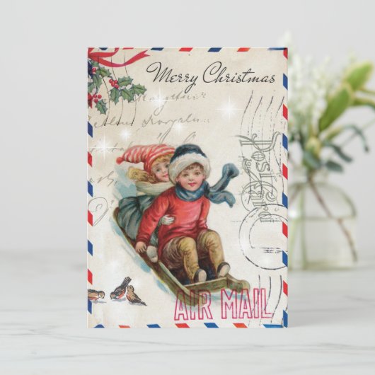 ヴィンテージクリスマスの子供たちが馬ぞり シーズンカード (スタンド正面)