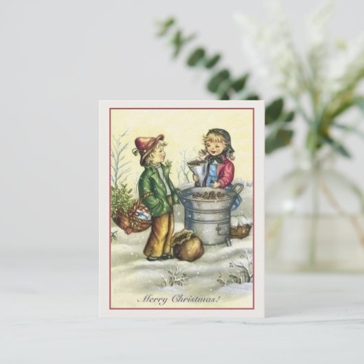 ヴィンテージクリスマスの子供たちの栗 シーズンポストカード (スタンド正面)