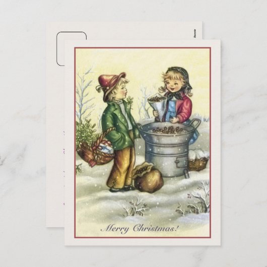 ヴィンテージクリスマスの子供たちの栗 シーズンポストカード (正面/裏面)