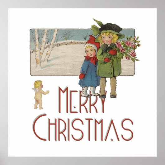 ヴィンテージクリスマスの子供とケルブ ポスター (正面)