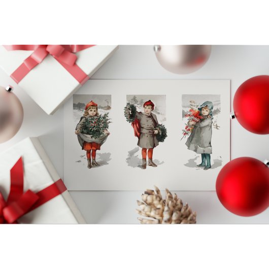 ヴィンテージクリスマスの子供とリース葉書 シーズンポストカード