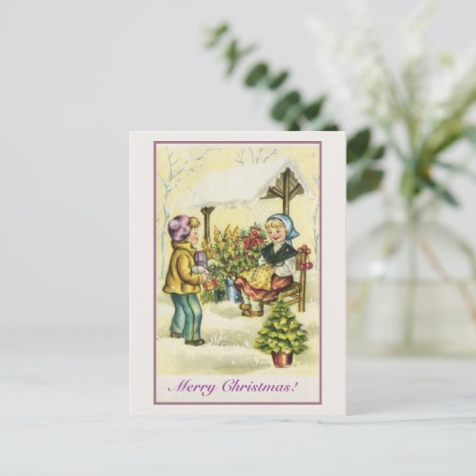 ヴィンテージクリスマスの子供の花の木 シーズンポストカード (スタンド正面)