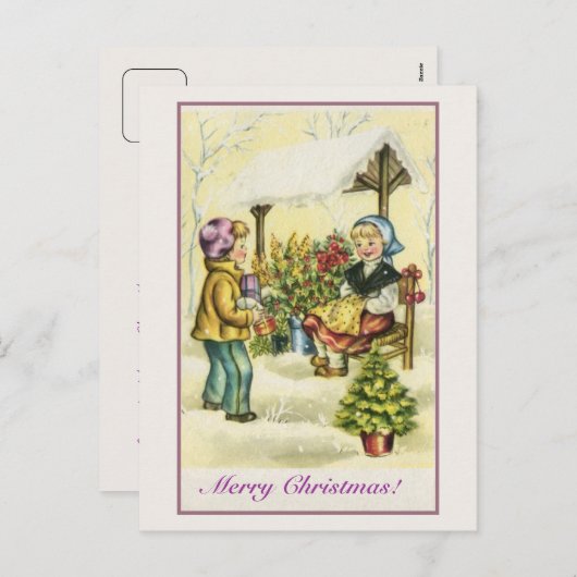 ヴィンテージクリスマスの子供の花の木 シーズンポストカード (正面/裏面)