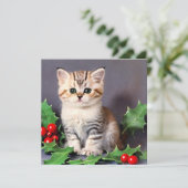 ヴィンテージクリスマスの子猫とホリー カード (スタンド正面)