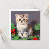 ヴィンテージクリスマスの子猫とホリー カード (正面/裏面インサイチュ)