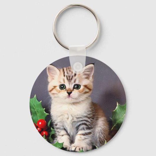 ヴィンテージクリスマスの子猫とホリー キーホルダー (正面)