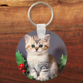 ヴィンテージクリスマスの子猫とホリー キーホルダー (正面)