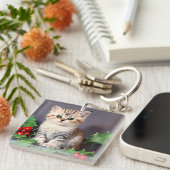 ヴィンテージクリスマスの子猫とホリー キーホルダー (正面右)