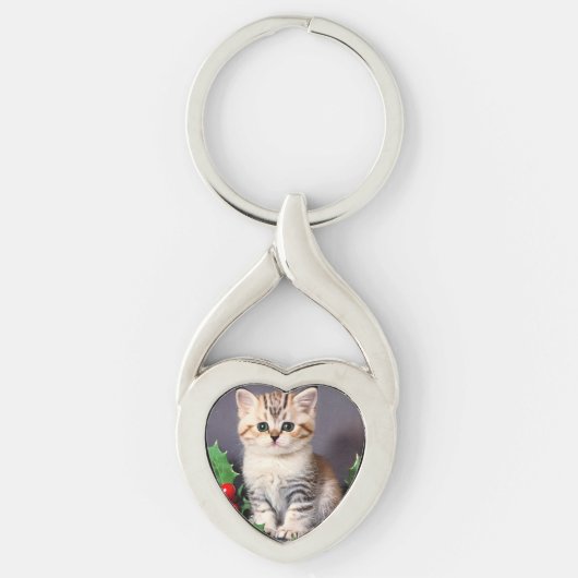 ヴィンテージクリスマスの子猫とホリー キーホルダー (正面)