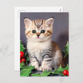 ヴィンテージクリスマスの子猫とホリー シーズンポストカード (正面/裏面)