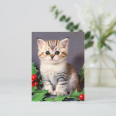 ヴィンテージクリスマスの子猫とホリー ポストカード (スタンド正面)