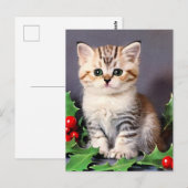 ヴィンテージクリスマスの子猫とホリー ポストカード (正面/裏面)