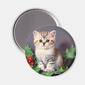 ヴィンテージクリスマスの子猫とホリー マグネット (正面/裏面)