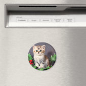 ヴィンテージクリスマスの子猫とホリー マグネット (インサイチュ (食洗機))