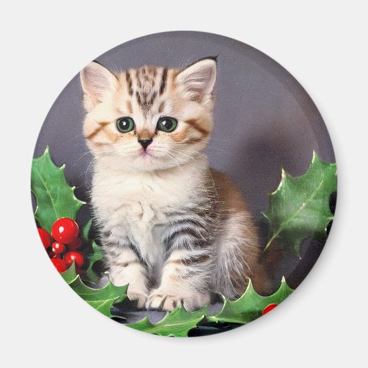 ヴィンテージクリスマスの子猫とホリー マグネット (正面)